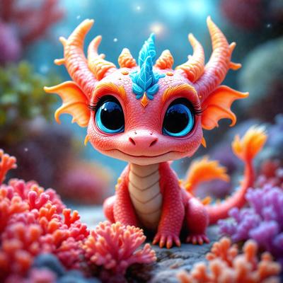 The primary subject of the image is a small, colorful, and cute dragon figurine. The dragon is sitting on a rock, surrounded by a variety of vibrant colors, including pink, orange, and blue. The setting appears to be a fantasy or imaginative environment, with the dragon figurine as the main focus. The visual style of the image is a combination of digital art and illustration, creating a whimsical and playful atmosphere.